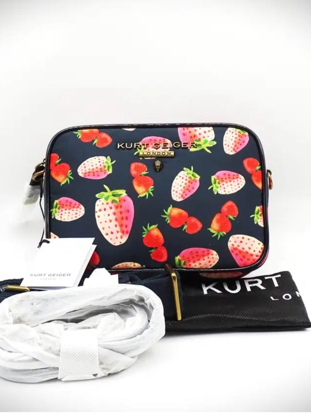 Kurt Geiger Navy Strawberry Print Crossbody Wristlet